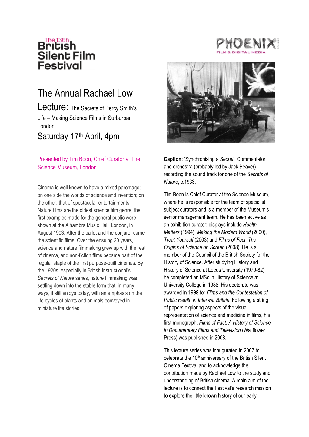 The Annual Rachael Low Lecture: the Secrets of Percy Smith’S Life – Making Science Films in Surburban London
