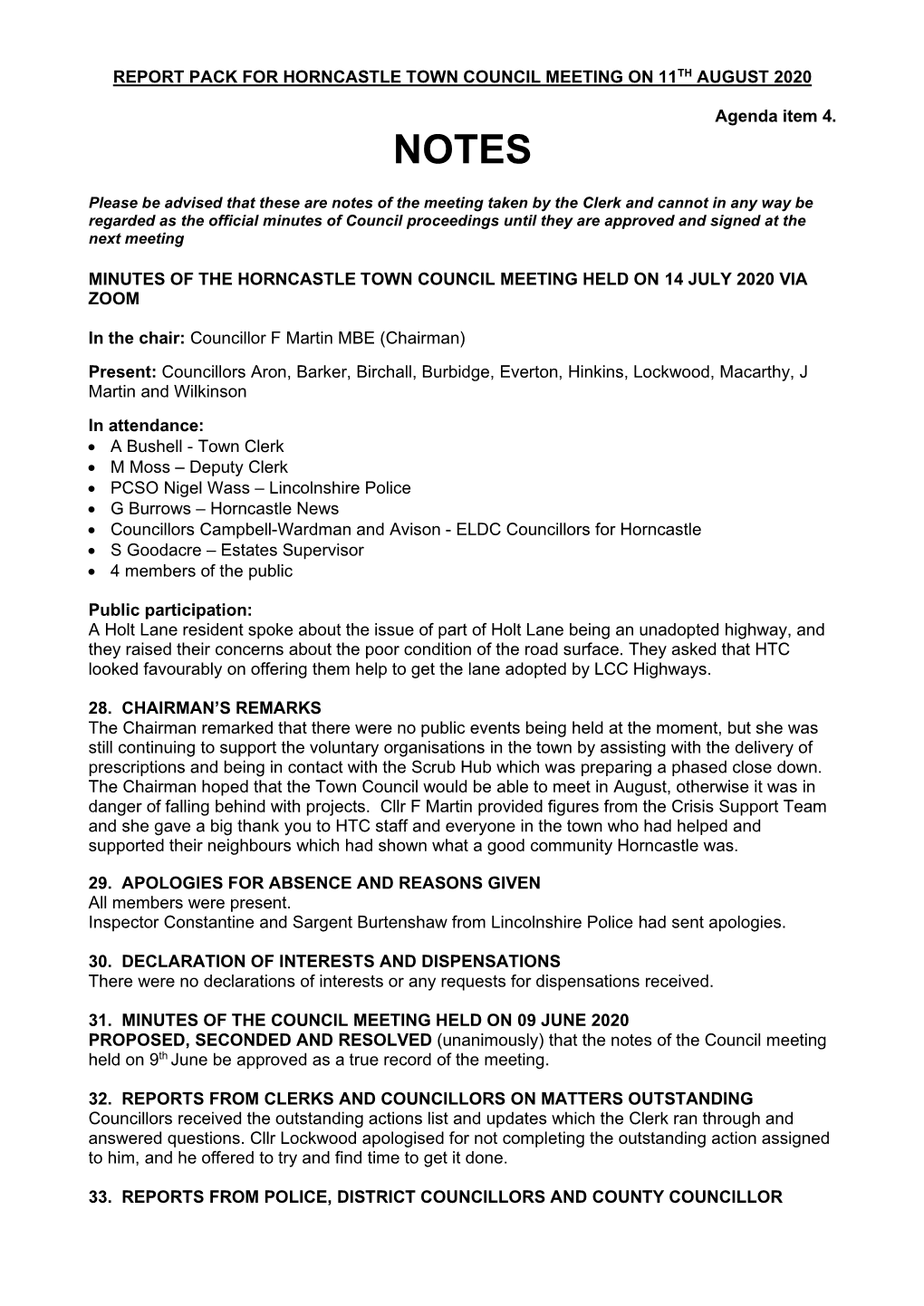 Minutes of the Horncastle Town Council Meeting Held on 14 July 2020 Via Zoom