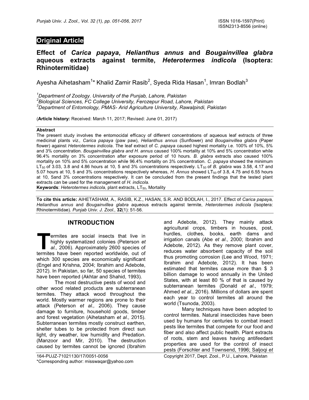 Effect of Carica Papaya, Helianthus Annus and Bougainvillea Glabra Aqueous Extracts Against Termite, Heterotermes Indicola (Isoptera: Rhinotermitidae)