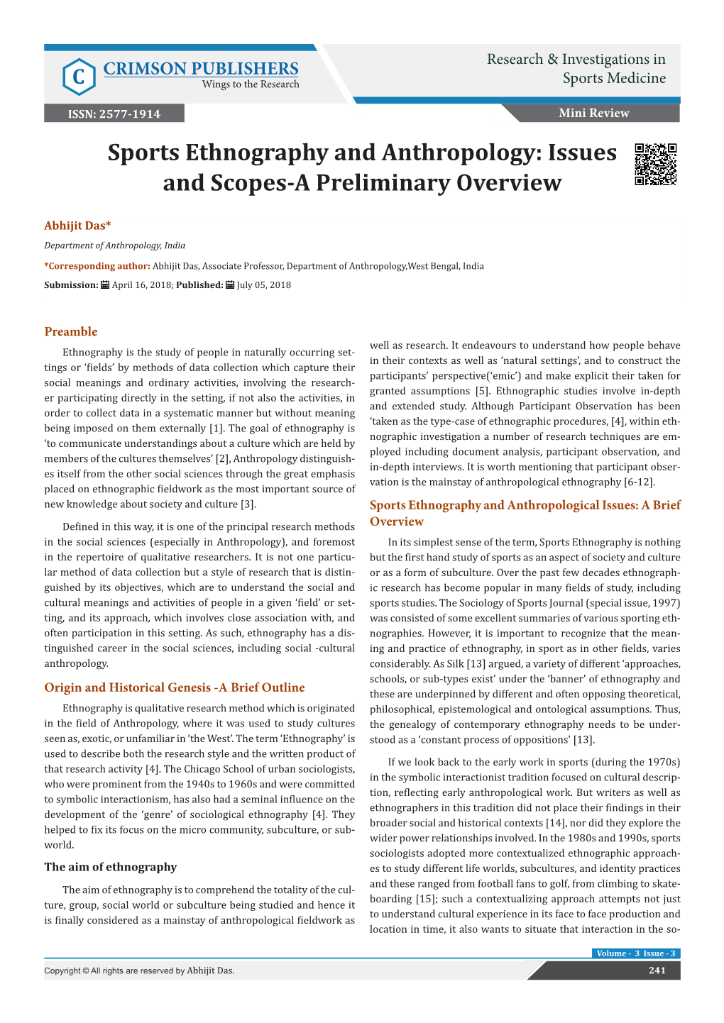 Sports Ethnography and Anthropology: Issues and Scopes-A Preliminary Overview