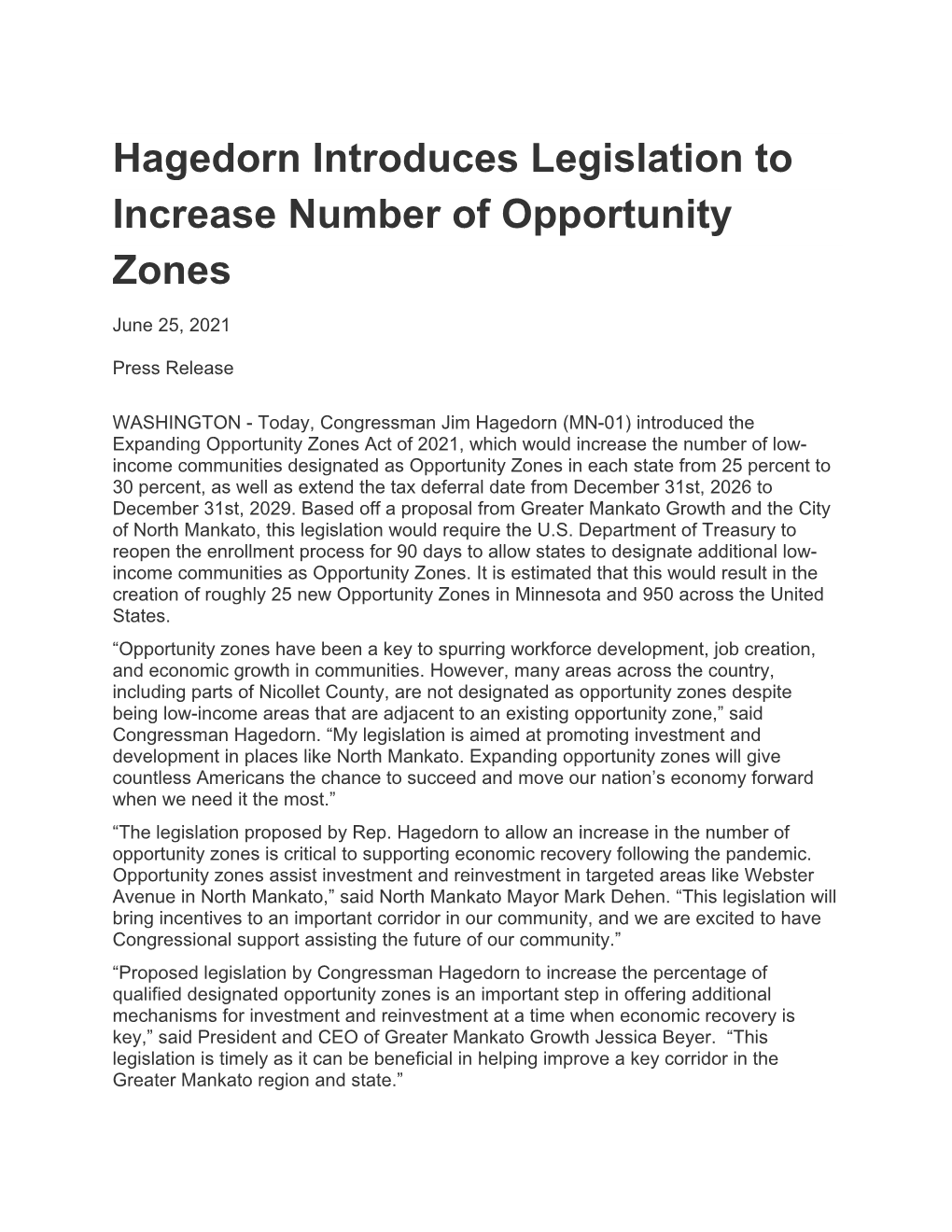 Press Release: Hagedorn Introduces Legislation to Increase Number Of