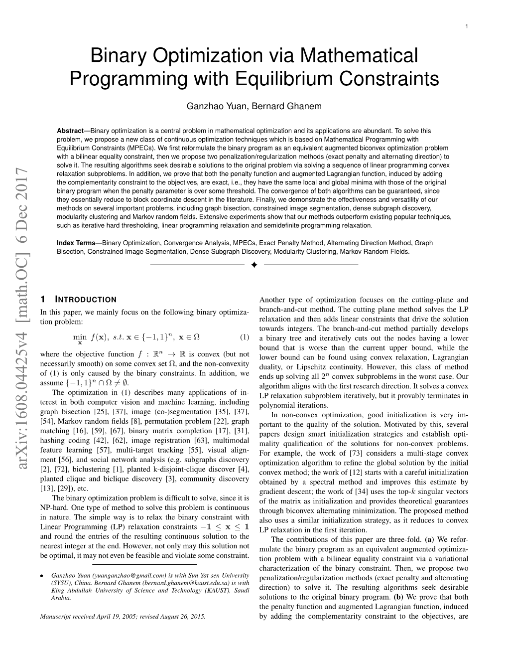 Binary Optimization Via Mathematical Programming with Equilibrium Constraints