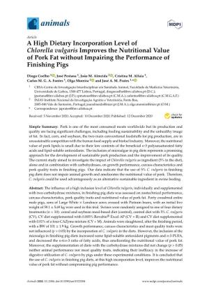 A High Dietary Incorporation Level of Chlorella Vulgaris Improves the Nutritional Value of Pork Fat Without Impairing the Performance of Finishing Pigs