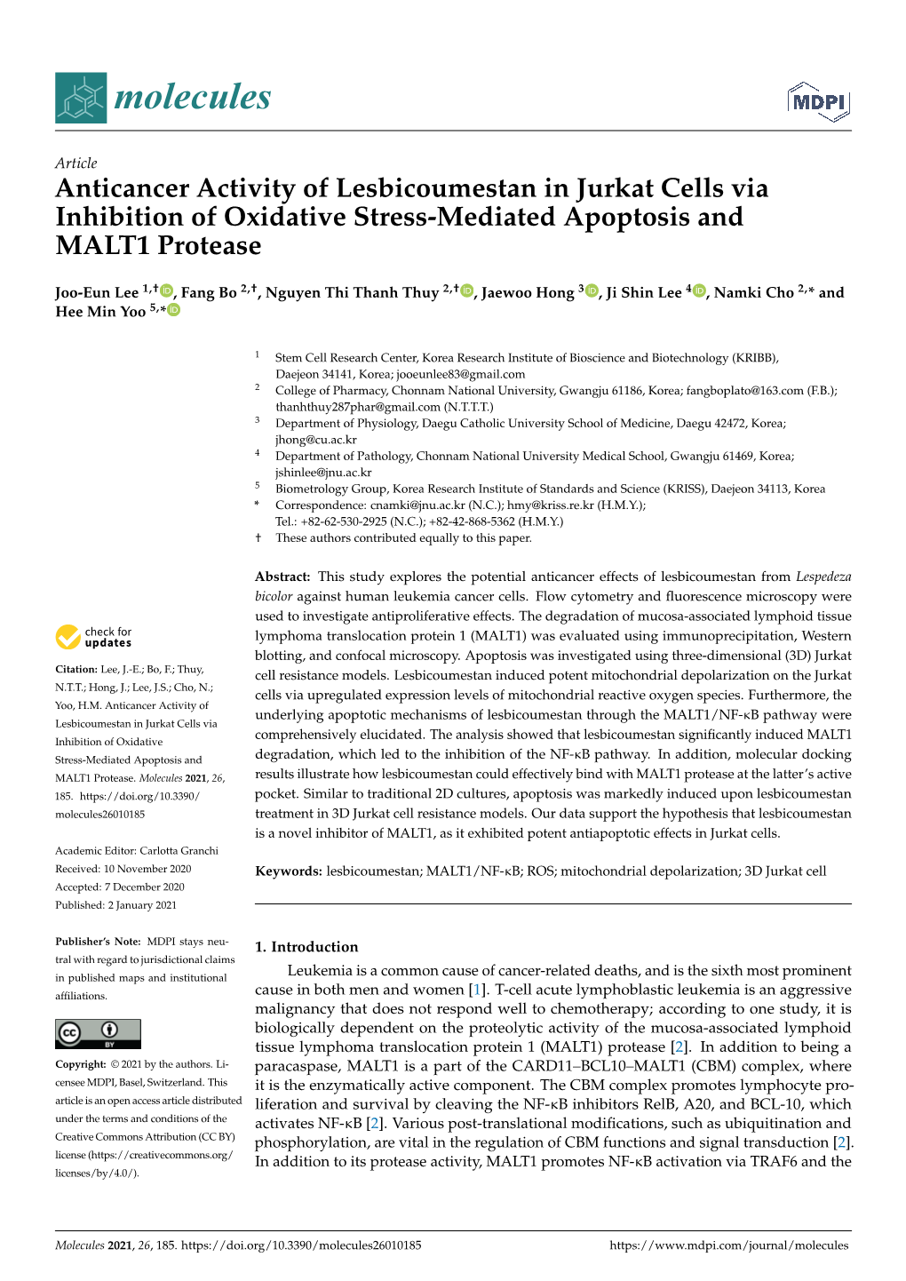 Anticancer Activity of Lesbicoumestan in Jurkat Cells Via Inhibition of Oxidative Stress-Mediated Apoptosis and MALT1 Protease