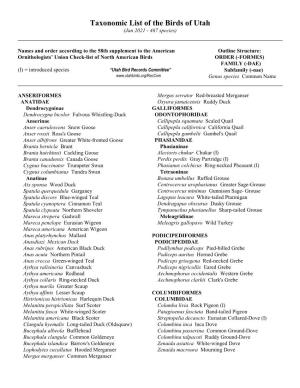 Taxonomic List of the Birds of Utah (Jan 2021 - 467 Species)