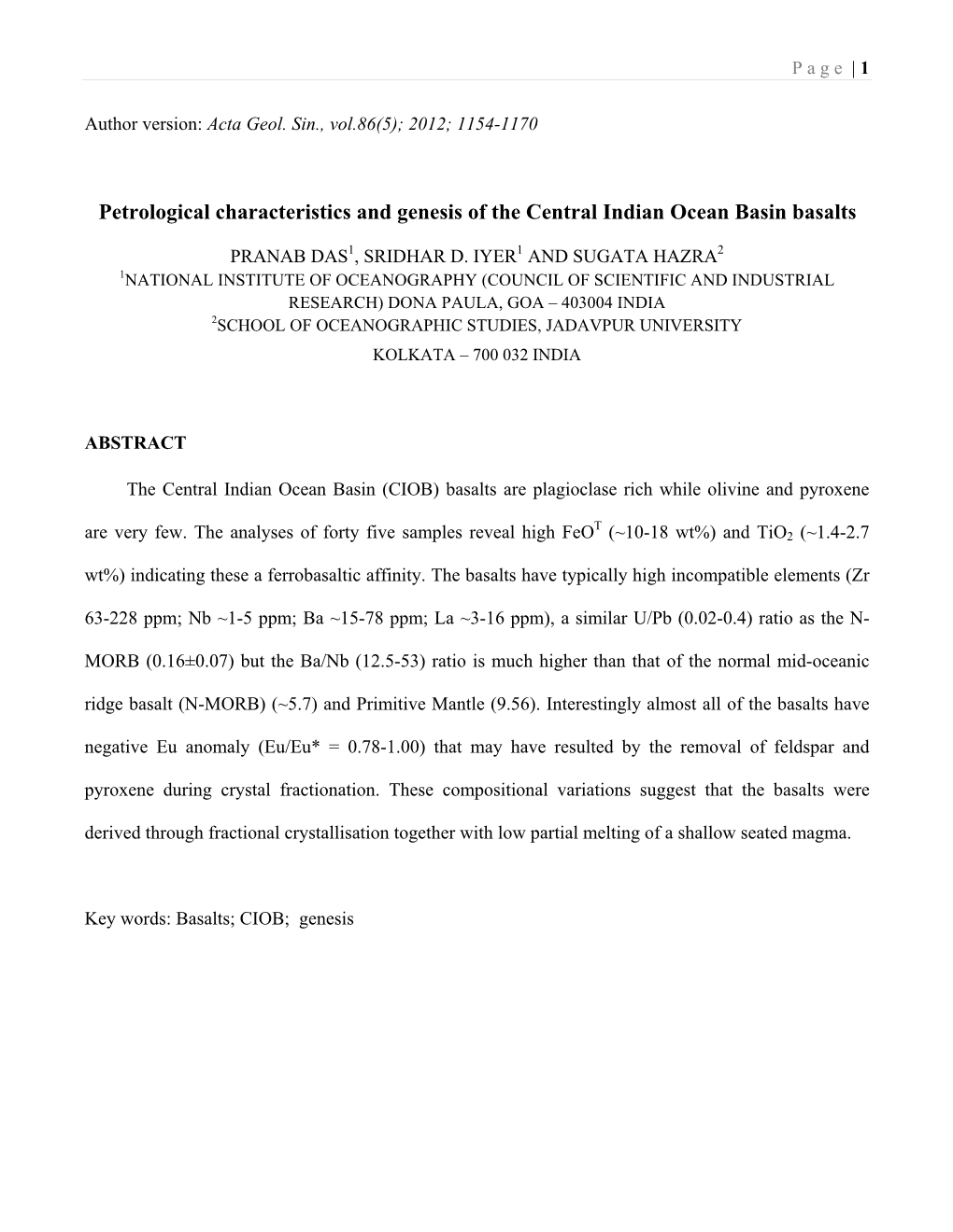 Petrological Characteristics and Genesis of the Central Indian Ocean Basin Basalts