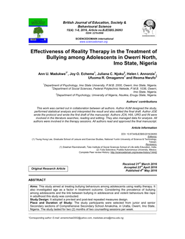 Effectiveness of Reality Therapy in the Treatment of Bullying Among Adolescents in Owerri North, Imo State, Nigeria