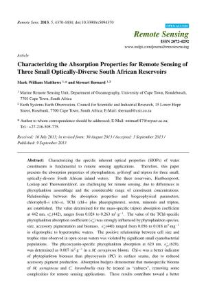 Characterizing the Absorption Properties for Remote Sensing of Three Small Optically-Diverse South African Reservoirs