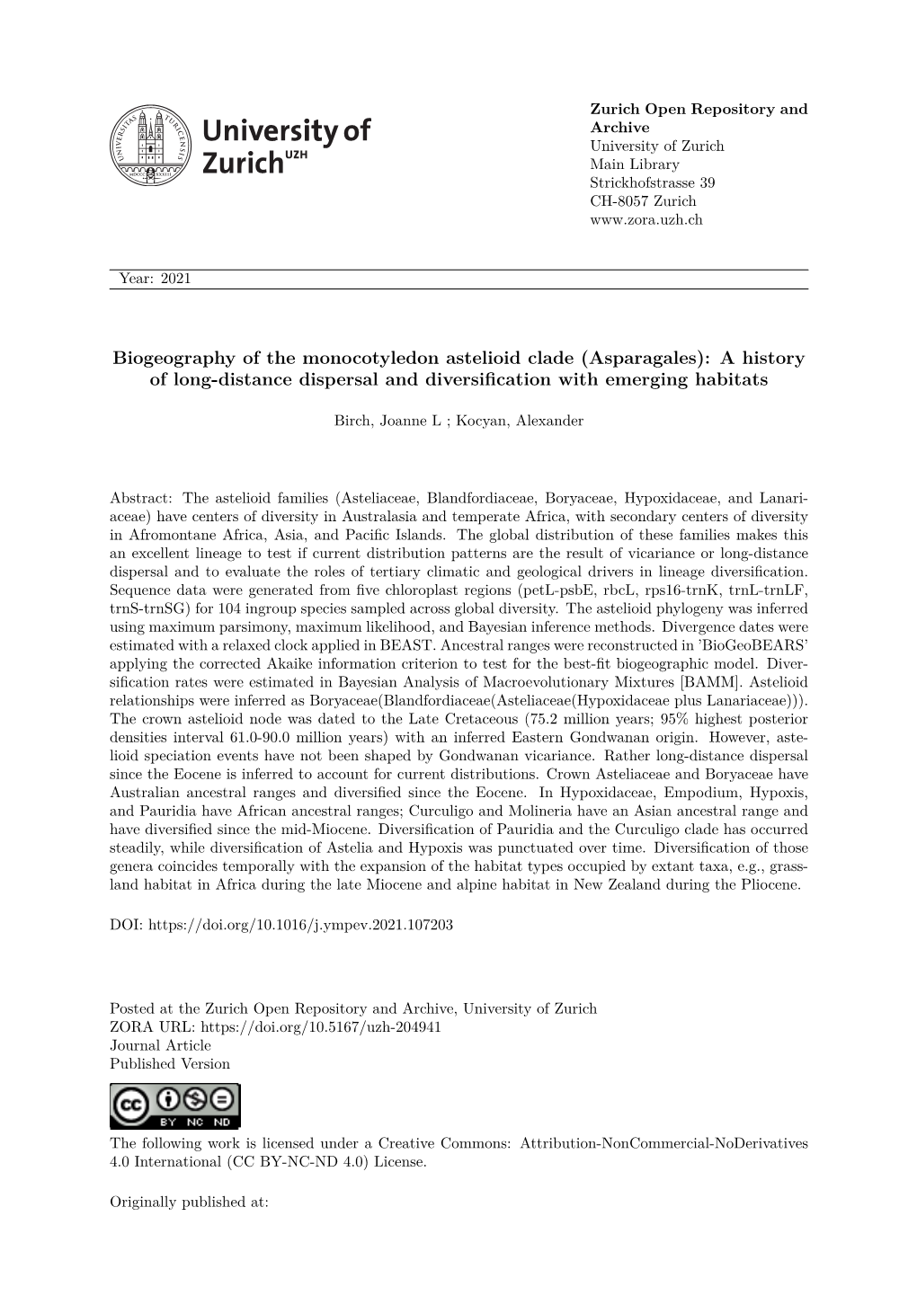 Biogeography of the Monocotyledon Astelioid Clade (Asparagales): a History of Long-Distance Dispersal and Diversification with Emerging Habitats