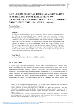 Just Like in Colonial Times? Administrative Practice and Local Reflections on ‘Grassroots Neocolonialism’ in Autonomous and Postcolonial Dahomey, –