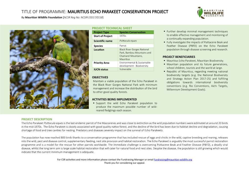 TITLE of PROGRAMME: MAURITIUS ECHO PARAKEET CONSERVATION PROJECT by Mauritian Wildlife Foundation [NCSR Reg No: NCSRF/2017/0158]