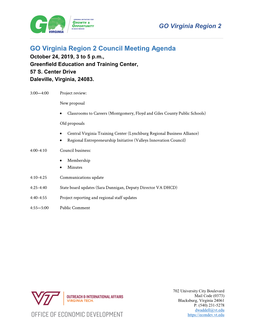 October 24, 2019 GO Virginia Region 2 Council Meeting Information Packet