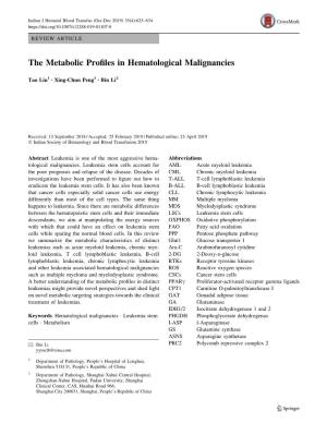 The Metabolic Profiles in Hematological Malignancies