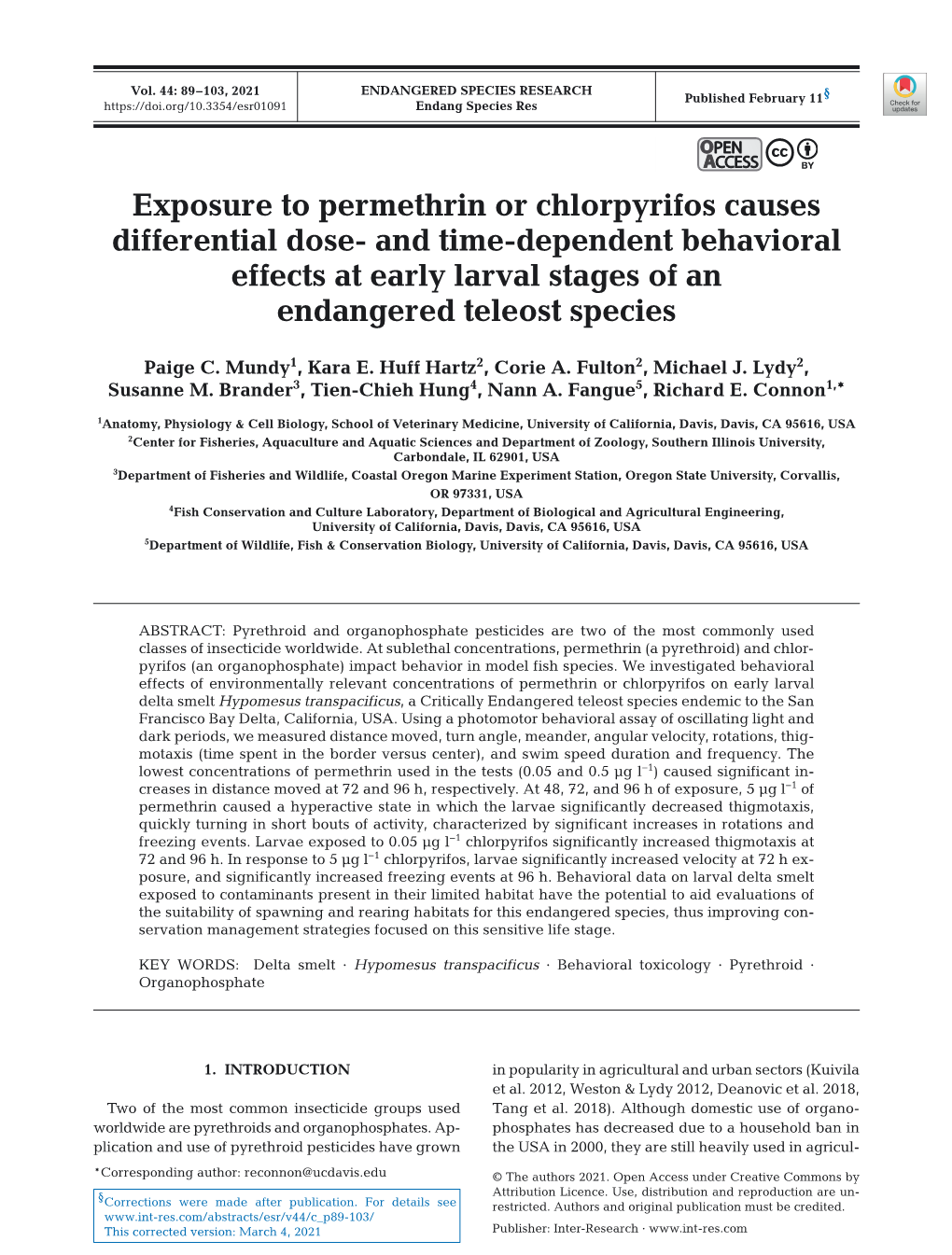 Exposure to Permethrin Or Chlorpyrifos Causes Differential Dose- and Time-Dependent Behavioral Effects at Early Larval Stages of an Endangered Teleost Species