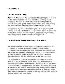 Chapter 1 (A) Introduction (B) Defination of Personal Finance