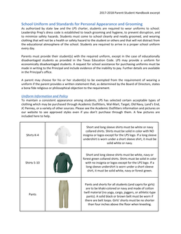 School Uniform and Standards for Personal Appearance and Grooming As Authorized by State Law and the LPS Charter, Students Are Required to Wear Uniforms to School