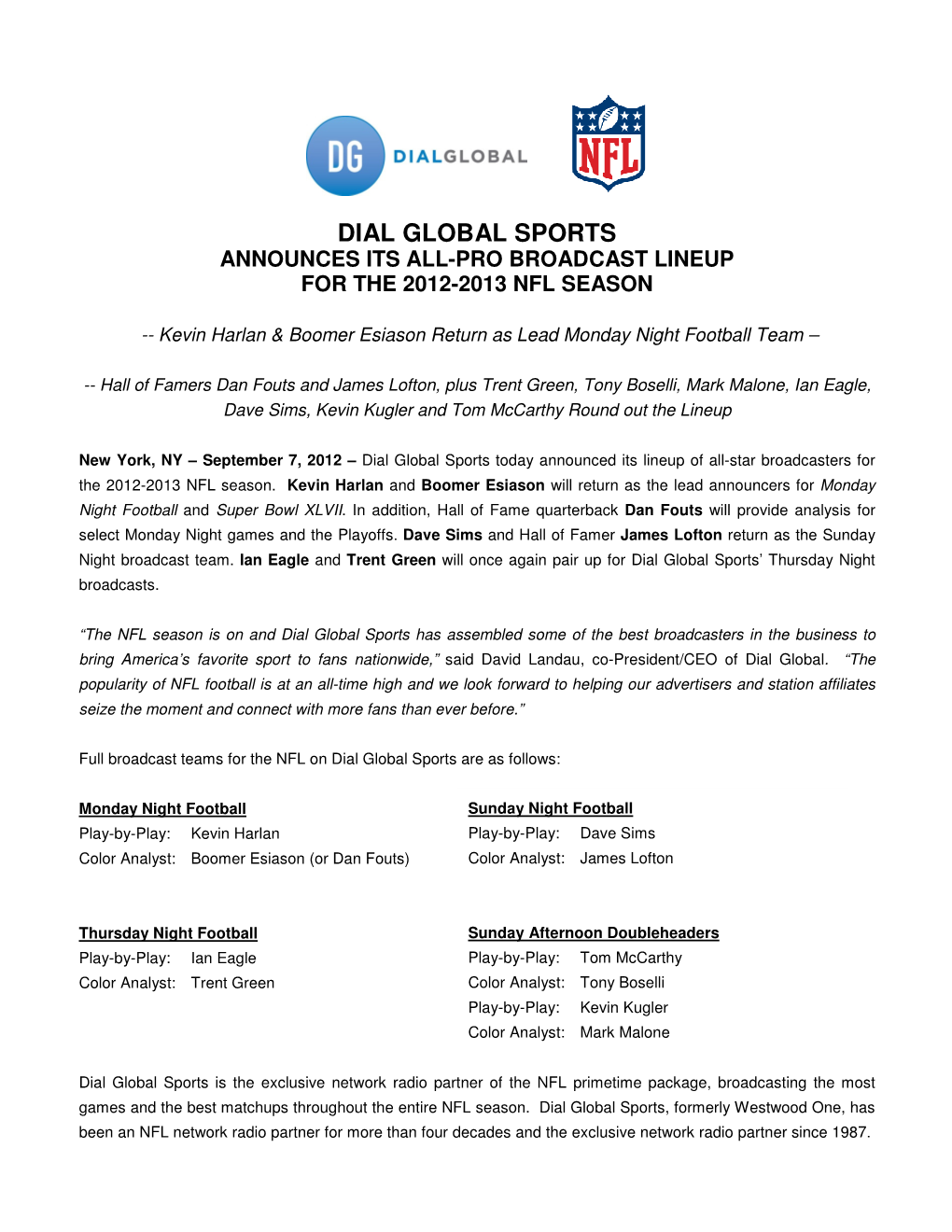 Dial Global Sports Announces Its All-Pro Broadcast Lineup for the 2012-2013 Nfl Season