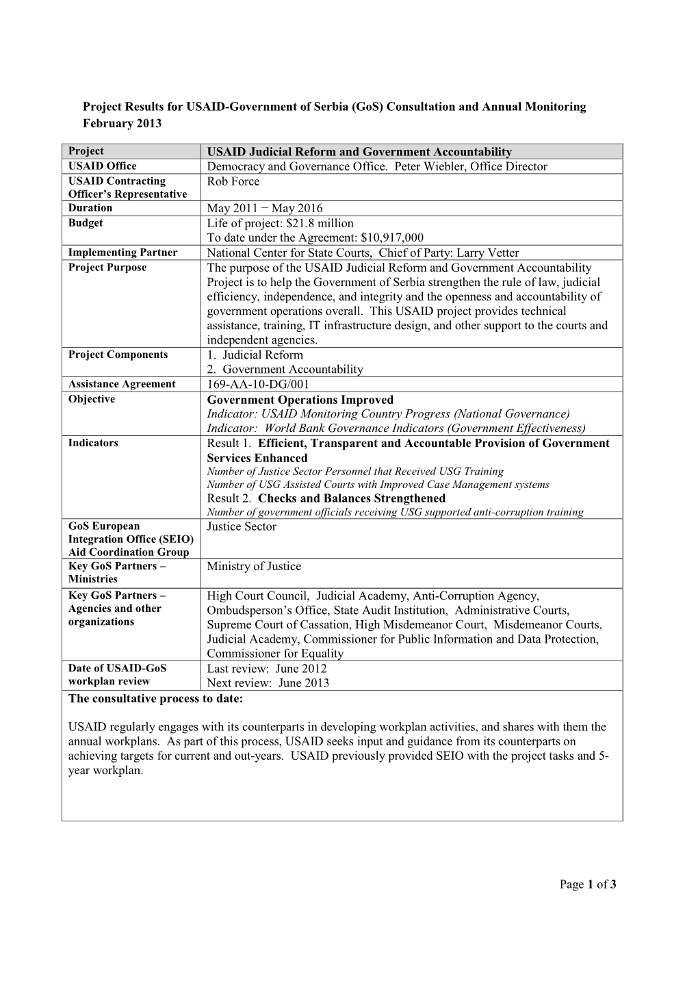 Consultation and Annual Monitoring February 2013 USAID Judicial