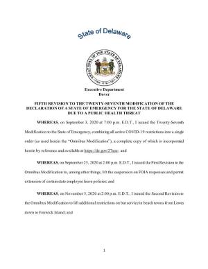 Fifth Revision to the Twenty-Seventh Modification of the Declaration of a State of Emergency for the State of Delaware Due to a Public Health Threat