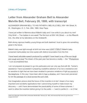 Letter from Alexander Graham Bell to Alexander Melville Bell, February 26, 1880, with Transcript