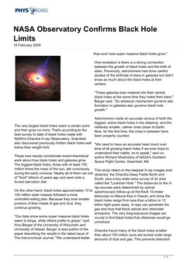 NASA Observatory Confirms Black Hole Limits 16 February 2005