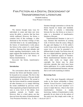 Fan Fiction As a Digital Descendant of Transformative Literature Elizabeth Jendrzey Texas Women’S University