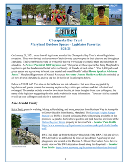 Chesapeake Bay Trust Maryland Outdoor Spaces - Legislator Favorites 1/21/21