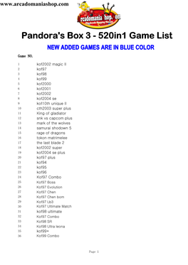 Pandora's Box 3 - 520In1 Game List NEW ADDED GAMES ARE in BLUE COLOR Game NO