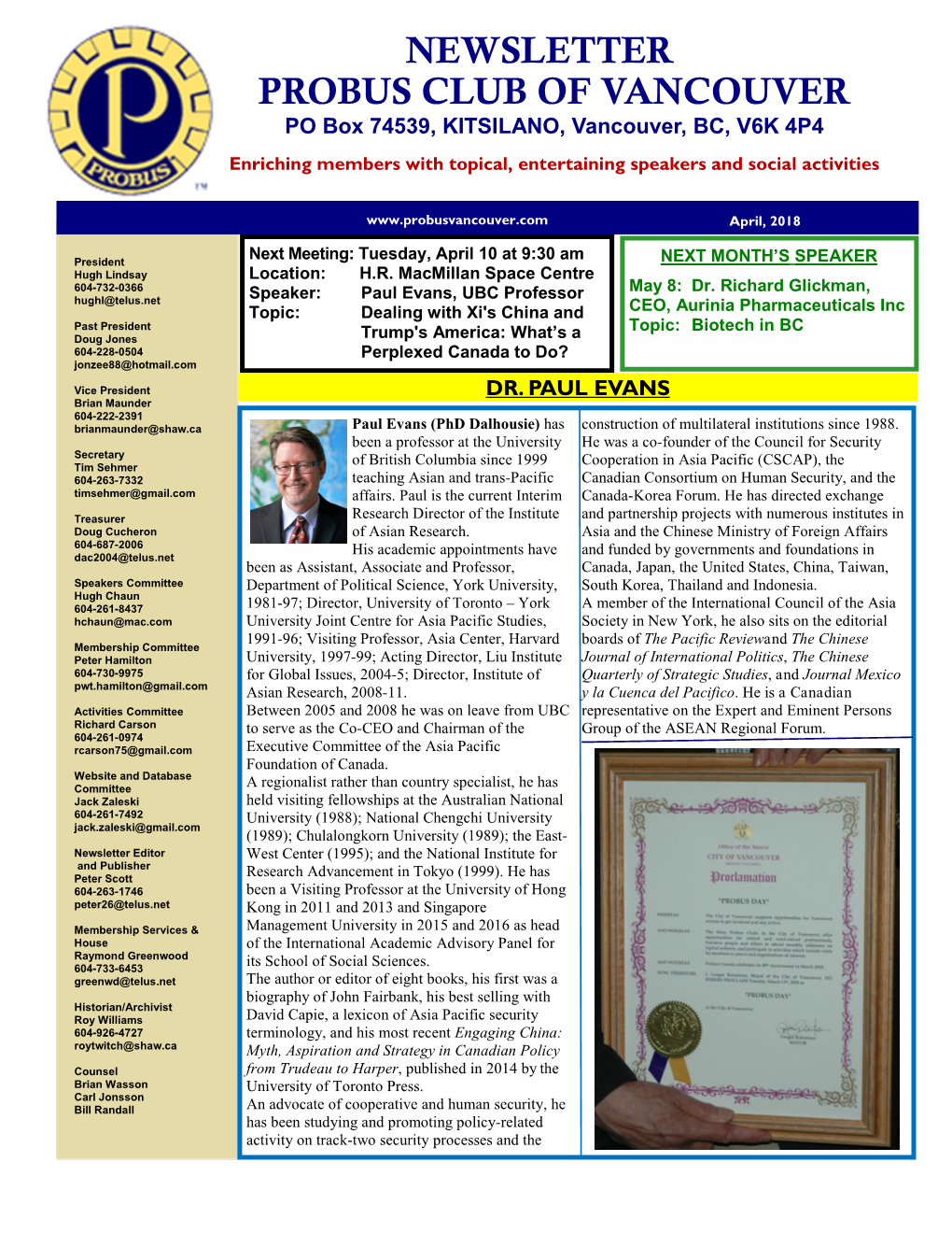 Probus Club of Vancouver Newsletter