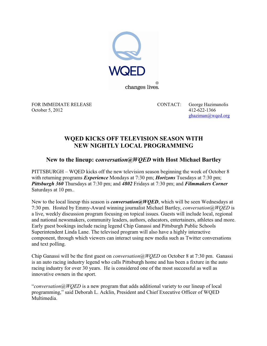 Wqed Kicks Off Television Season with New Nightly Local Programming