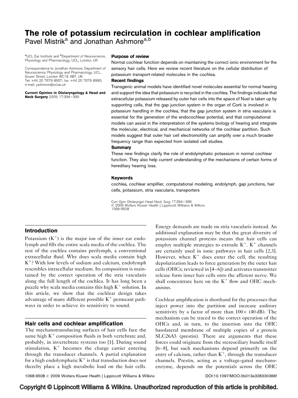 The Role of Potassium Recirculation in Cochlear Amplification