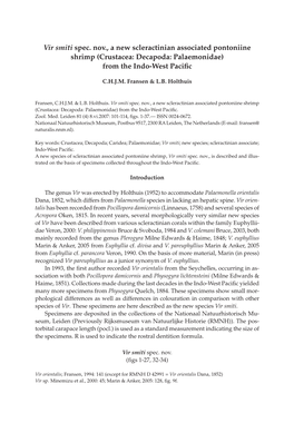 Vir Smiti Spec. Nov., a New Scleractinian Associated Pontoniine Shrimp (Crustacea: Decapoda: Palaemonidae) from the Indo-West Pacifi C