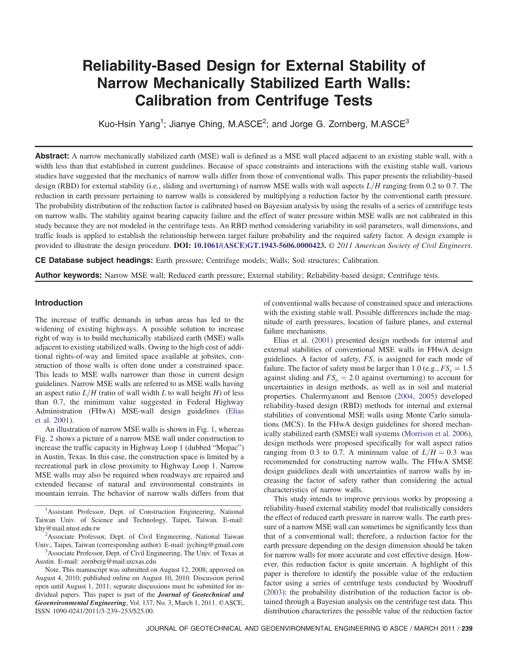 Reliability-Based Design for External Stability of Narrow Mechanically Stabilized Earth Walls: Calibration from Centrifuge Tests