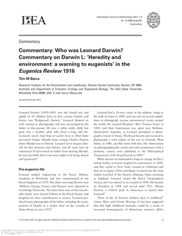 Commentary: Who Was Leonard Darwin? Commentary on Darwin L: 'Heredity and Environment: a Warning to Eugenists' in the Eugeni