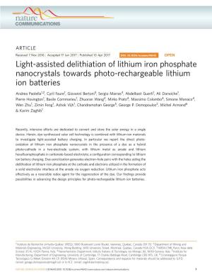 Light-Assisted Delithiation of Lithium Iron Phosphate Nanocrystals Towards Photo-Rechargeable Lithium Ion Batteries