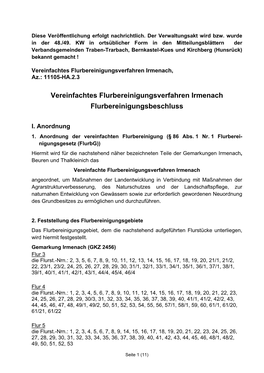 Vereinfachtes Flurbereinigungsverfahren Irmenach, Az.: 11105-HA.2.3