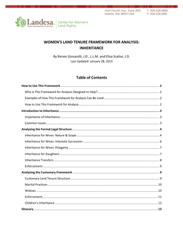 WOMEN's LAND TENURE FRAMEWORK for ANALYSIS: INHERITANCE Table of Contents