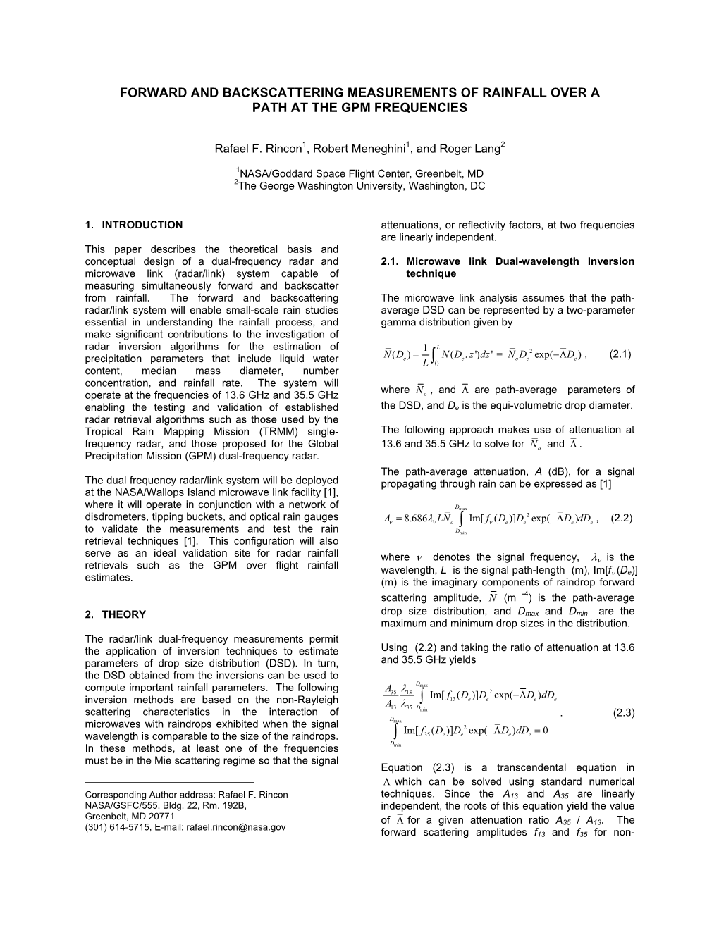 Forward and Backscattering Measurements of Rainfall Over a Path at the Gpm Frequencies