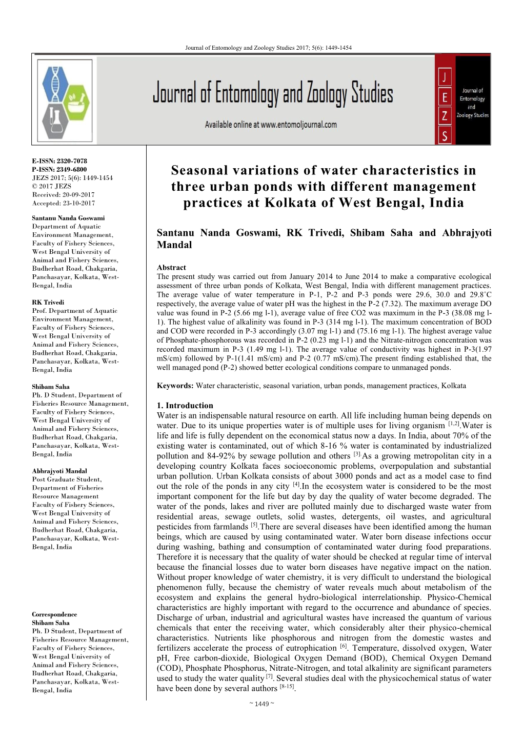 Seasonal Variations of Water Characteristics in Three Urban Ponds