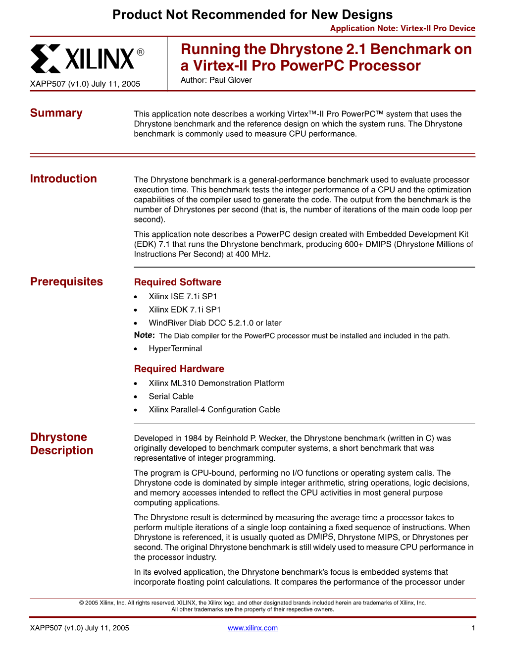 Xilinx Running the Dhrystone 2.1 Benchmark on a Virtex-II Pro