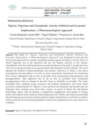Nigeria, Nigerians and Xenophobic Attacks; Political and Economic Implications: a Phenomenological Approach 1Anyim Benjamin Anyim Phd | 2Ngozi Chijioke | 3Francisca O