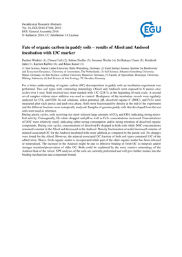 Fate of Organic Carbon in Paddy Soils – Results of Alisol and Andosol Incubation with 13C Marker