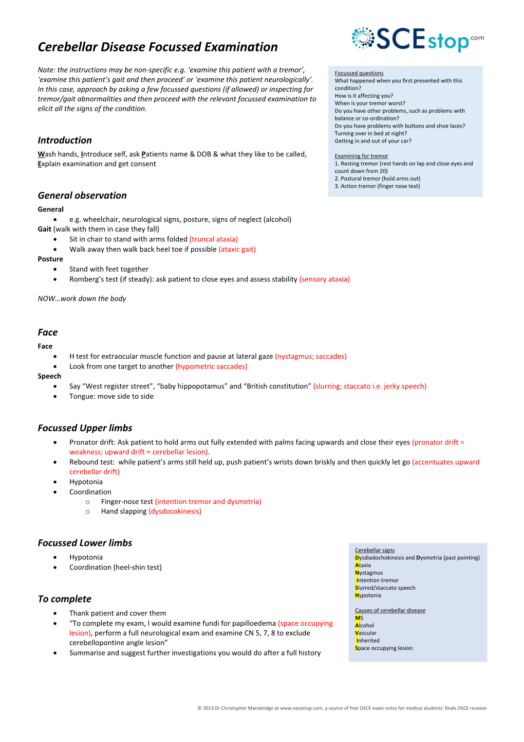 Cerebellar Disease Focussed Examination