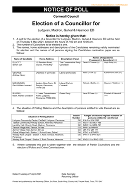 NOTICE of POLL Election of a Councillor