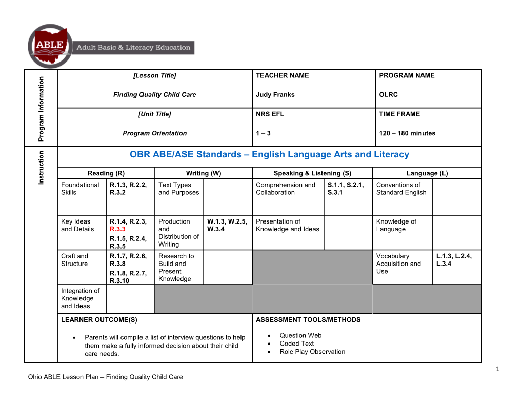 Ohio ABLE Lesson Plan Finding Quality Child Care