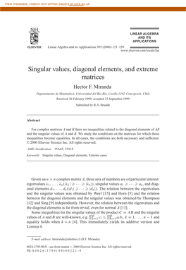 Singular Values, Diagonal Elements, and Extreme Matrices Hector F