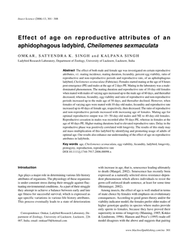 Effect of Age on Reproductive Attributes of an Aphidophagous Ladybird, Cheilomenes Sexmaculata