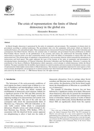 The Crisis of Representation: the Limits of Liberal Democracy in the Global Era Alessandro Bonanno Department of Sociology, Sam Houston State University, P.O