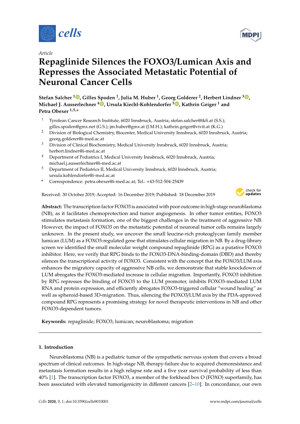 Repaglinide Silences the FOXO3/Lumican Axis and Represses the Associated Metastatic Potential of Neuronal Cancer Cells