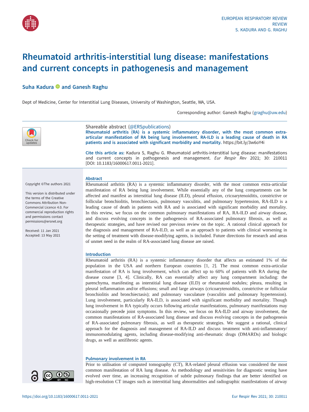 Rheumatoid Arthritis-Interstitial Lung Disease: Manifestations and Current Concepts in Pathogenesis and Management